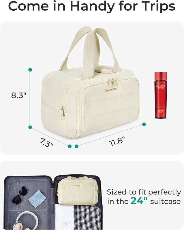 Travel Toiletry Bag Large Wide-Open Puffy Cosmetic Organizer for Women Beige5
