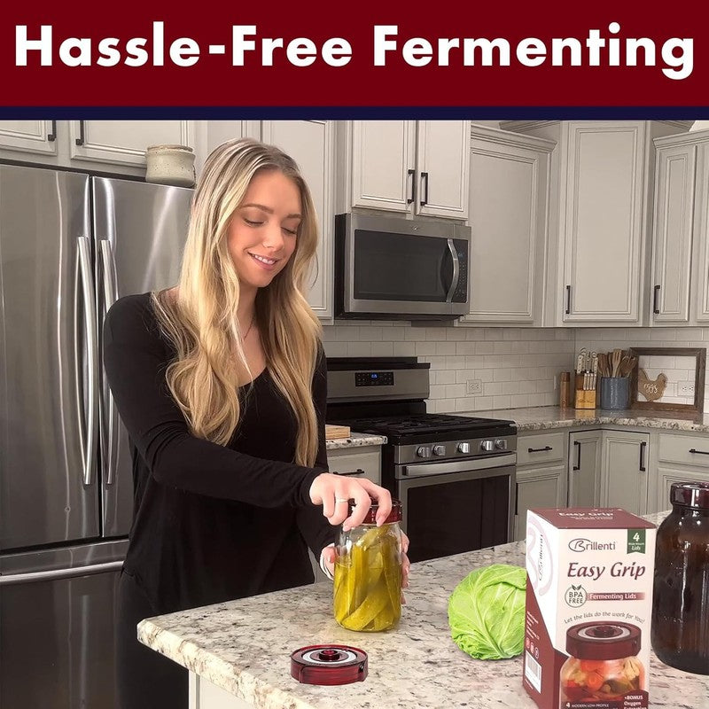 4 Waterless Fermenting Lids for Mason Jars + Pump, Tracks Date, Easy Grip1