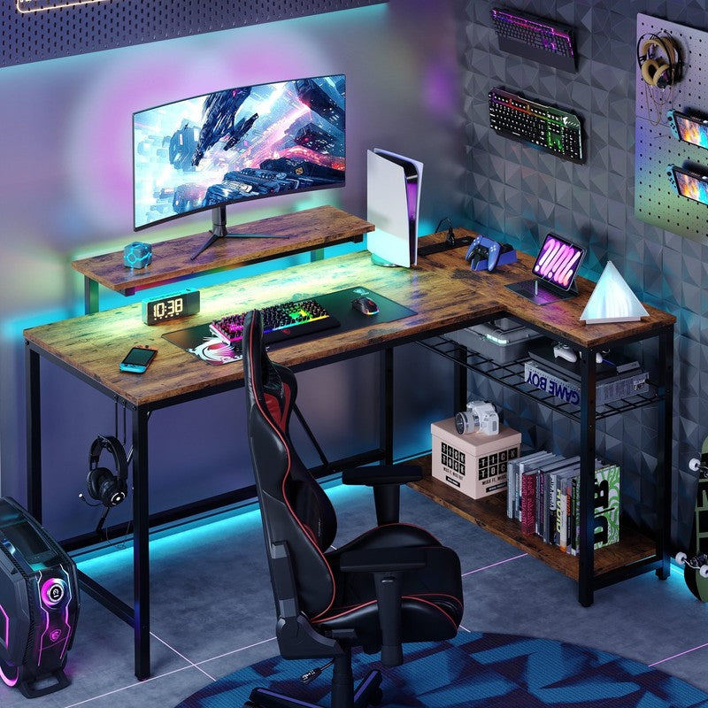 52" L-Shaped Computer Desk LED with Power Outlet & Monitor Stand Rustic6