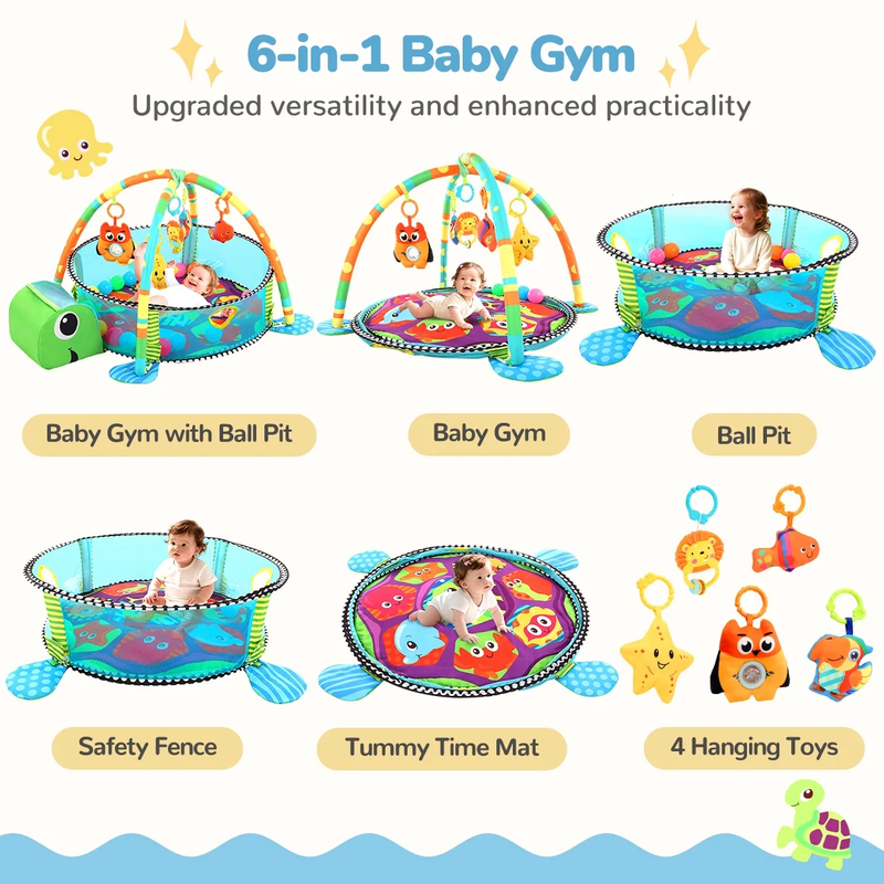 Baby Play Mat,  3 in 1 Baby Play Gym Activity Mat, with Hanging Toys and Ocean B1