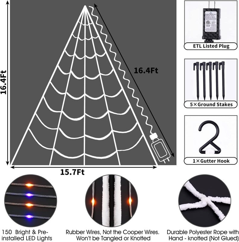 Halloween Spider Web Lights 150 LED, 16.4FT, 8 Modes, Purple/Orange, Outdoor4