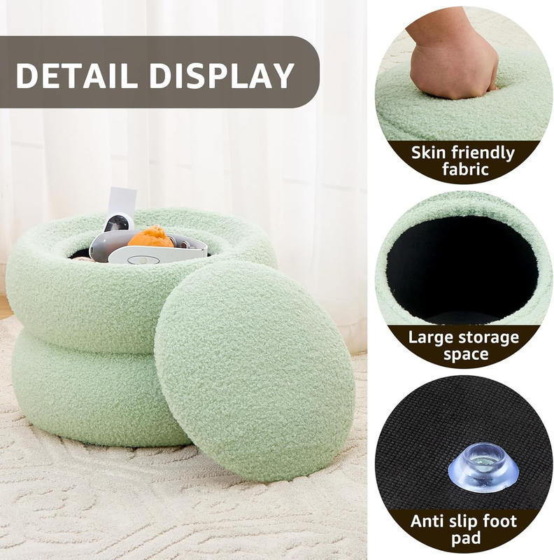 Storage Ottoman,Soft Teddy Velvet Upholstered Footrest,Mordern round Stool with 3