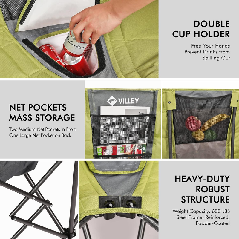 Heavy Duty Double Camping Chair w/ Cooler Bag Cup Holders 600lb Load6
