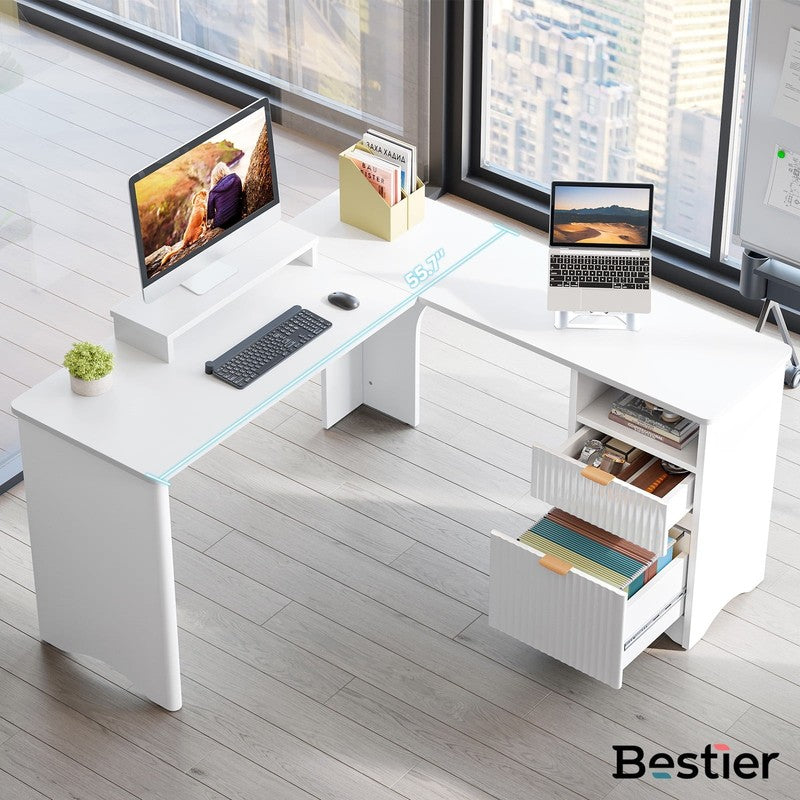 55" L-Shaped Desk with Drawers, Monitor Stand & Fluted Panels White4