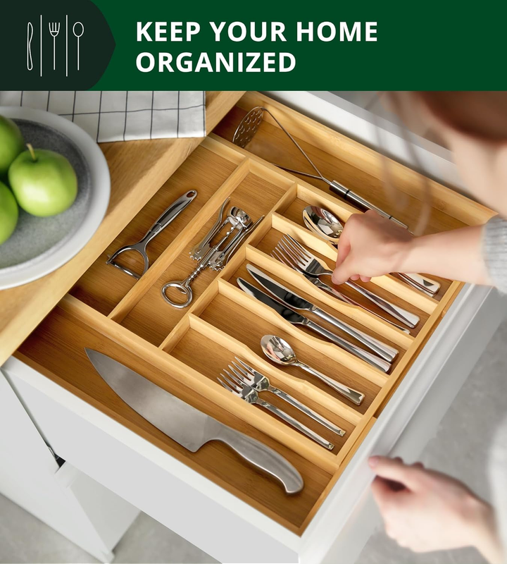 Bamboo Kitchen Drawer Organizer 9 Slot Silverware Cutlery Tray Natural5