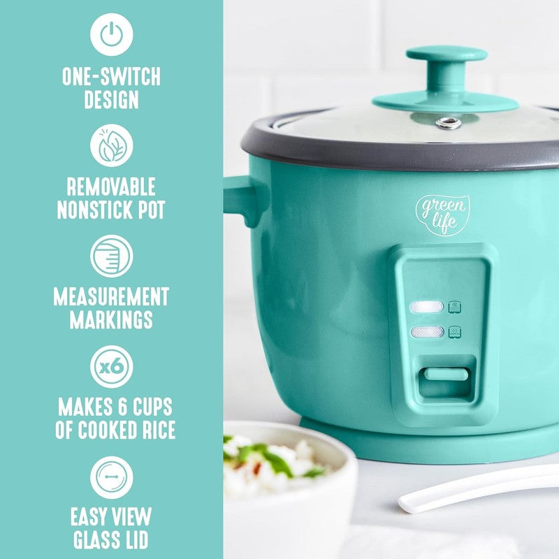 Rice Cooker 3-Cup PFAS-Free Ceramic Removable Pot Turquoise4