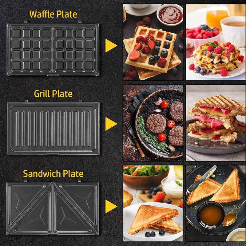 3 in 1 Sandwich Maker Panini Waffle Press Nonstick 750W Compact Black2