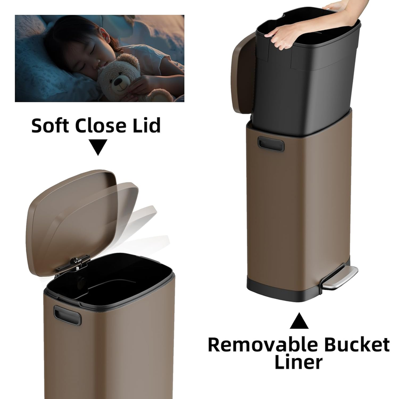 13 Gallon Trash Can Stainless Steel Soft Close Pedal Bin 50L Brown2