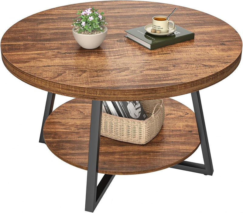 Round Coffee Table with Storage 30in Walnut Modern10