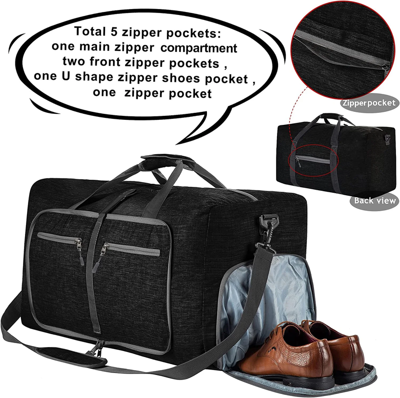 40L Foldable Travel Duffle Bag Gym Weekender w/Shoe Comp Waterproof Black6