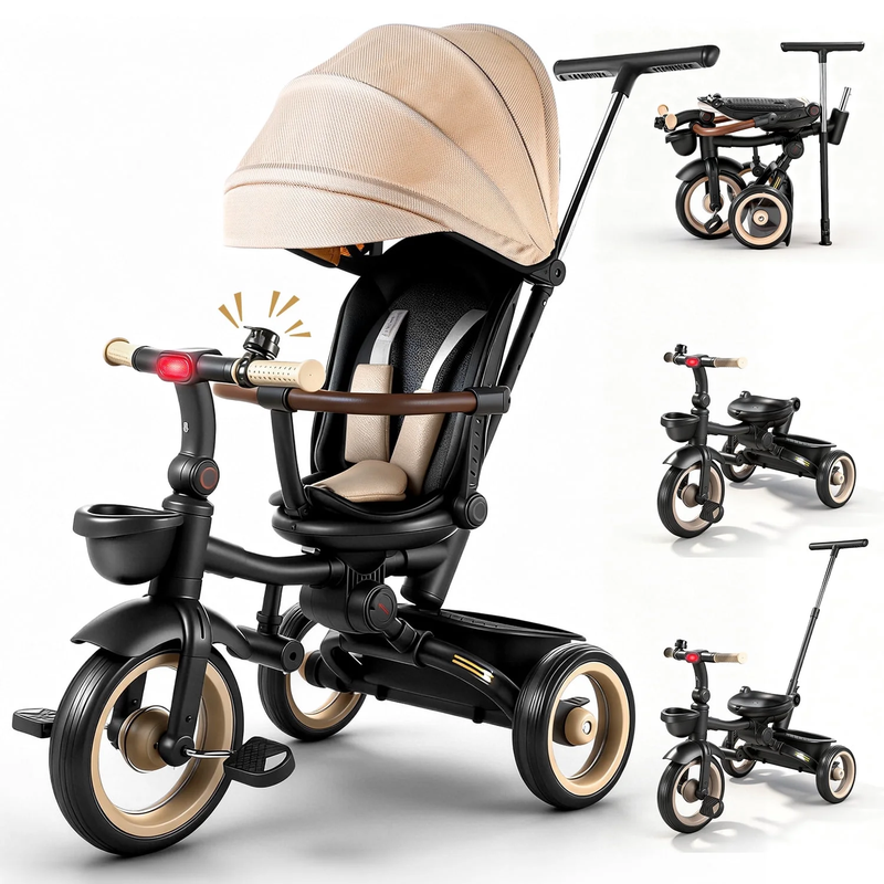 7 in 1 Foldable Tricycle Stroller for Toddler, Baby Tricycle with Adjustable Can0
