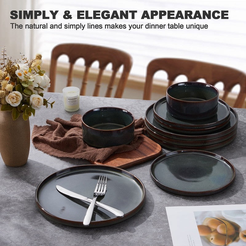 Dinnerware Set for 4, 12 Piece Stoneware Ribbed Dishes with Reactive Glaze, Cera3