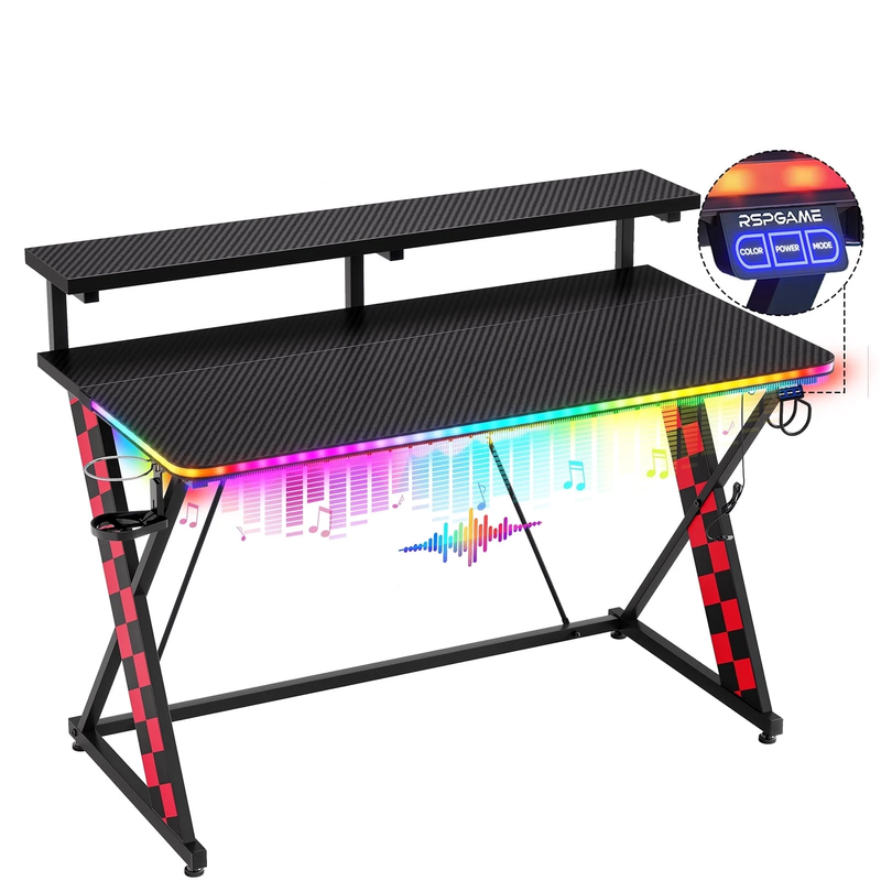 43" X-Shaped Gaming Desk Music Sync LED with Monitor Stand Red Racing0
