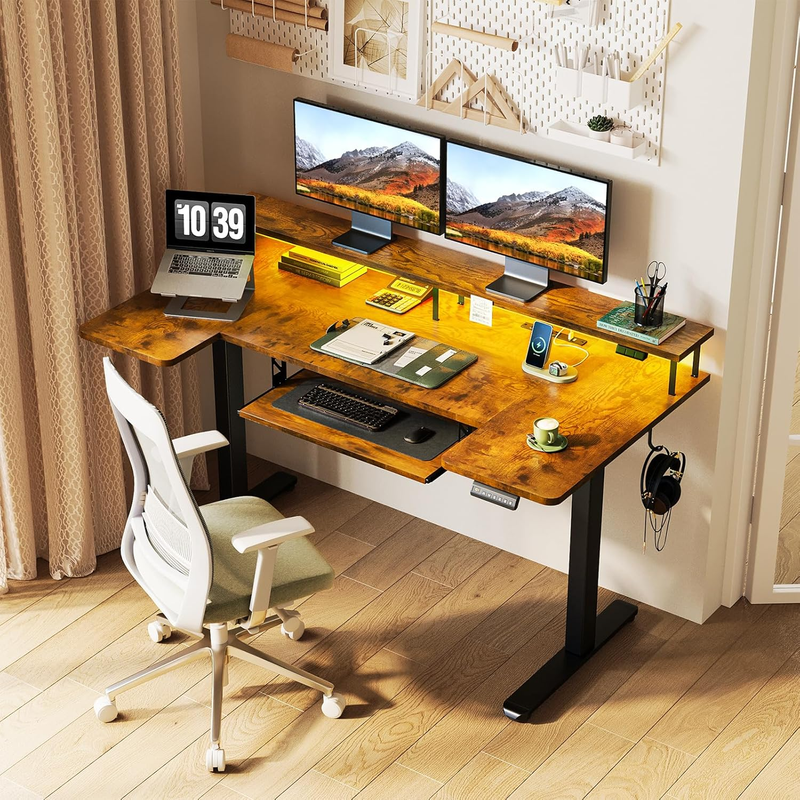 55" U Shaped Electric Standing Desk w/ Keyboard Tray Rustic Brown1