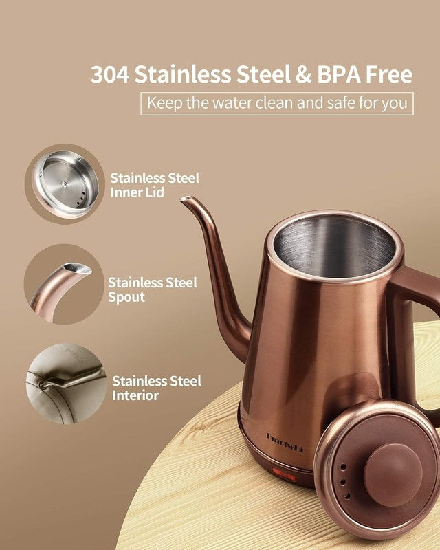 Gooseneck Electric Kettle 1L 1000W Stainless Steel BPA Free Pour Over Copper2