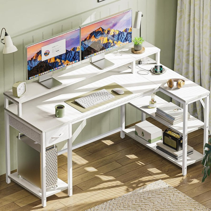 53'' Reversible L Shaped Desk LED Lights Power Outlets Gaming White7