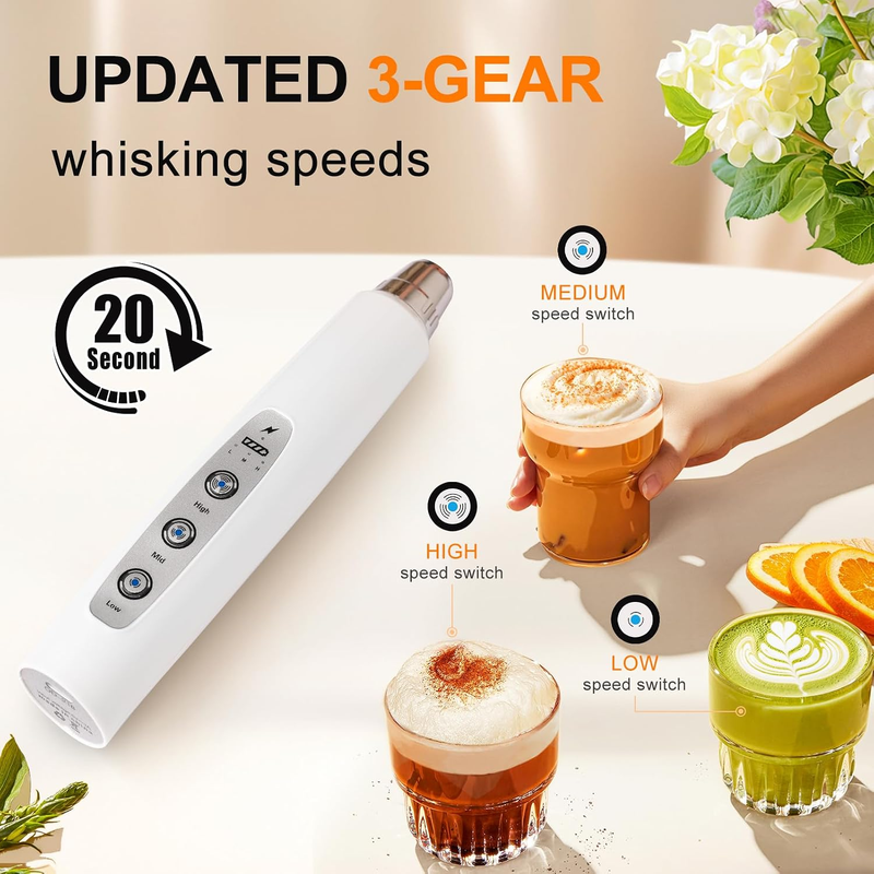Milk Frother Handheld Rechargeable 3 Speed 3 Heads Coffee Whisk White3