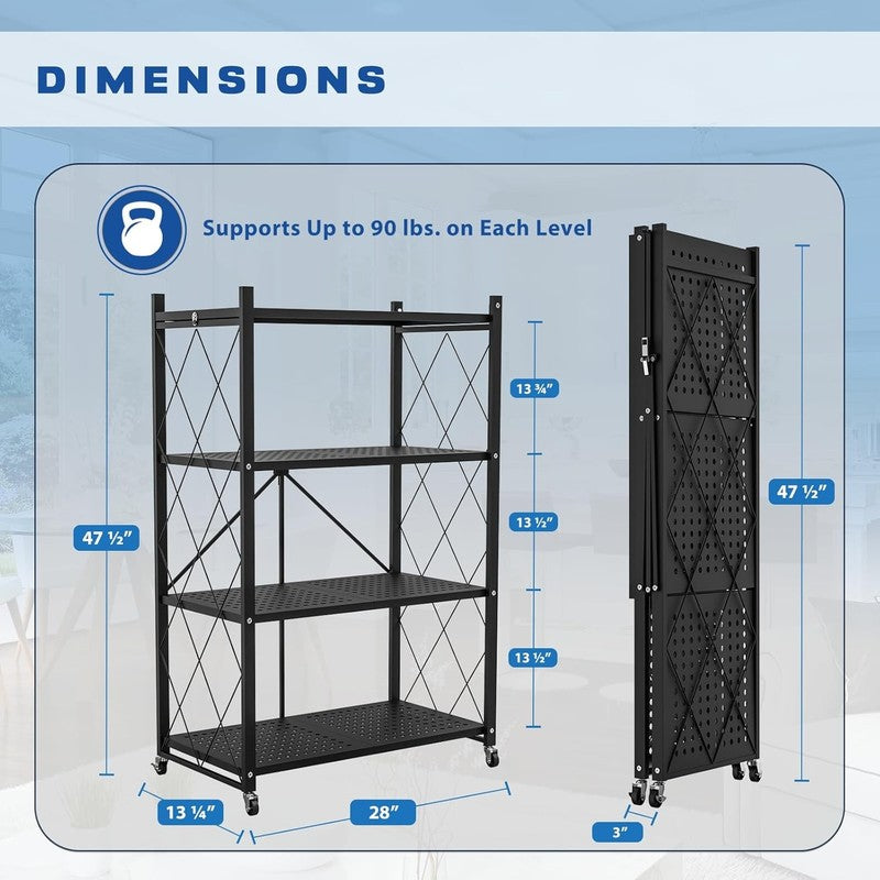 4 Tier Foldable Storage Shelf w Wheels Metal Rolling Rack for Kitchen Pantry2