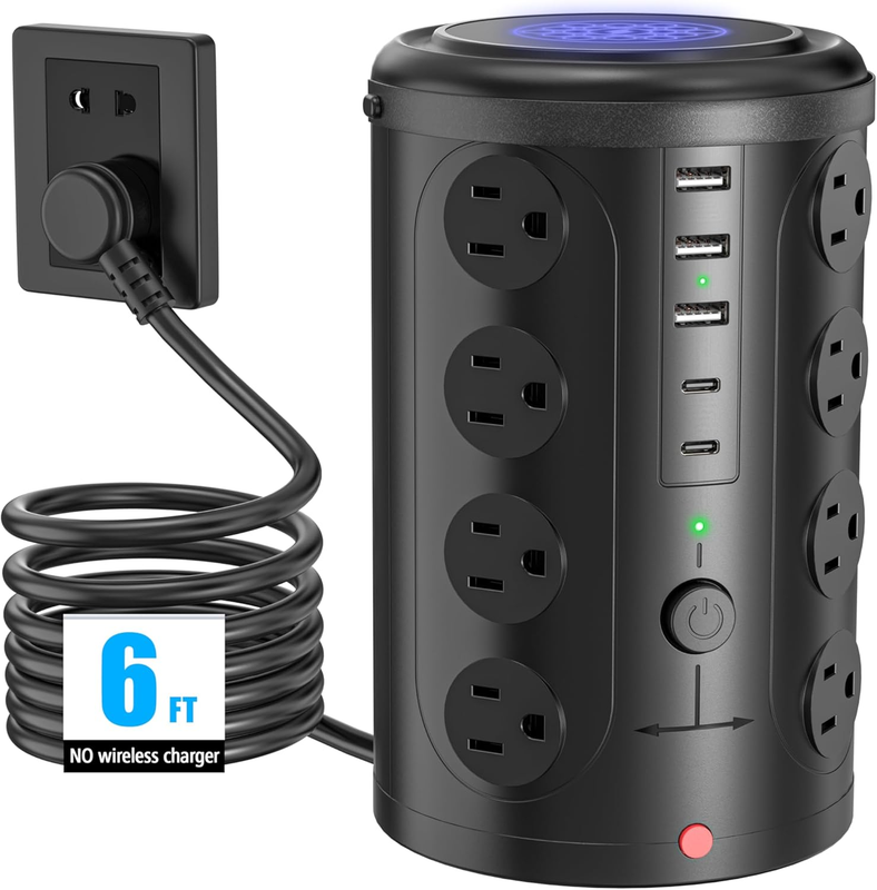 Tower Power Strip Surge Protector with 16 Outlets and 5 USB Ports (2 USB-C), 6FT10