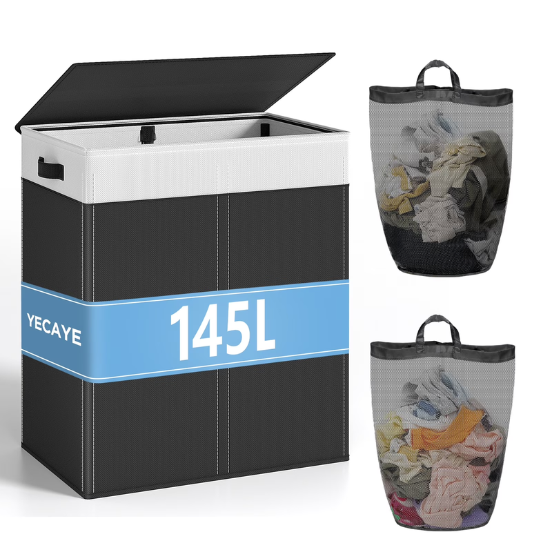 145L Laundry Basket w/ Lid, 2 Detachable Mesh Bags, Hamper Black & White0
