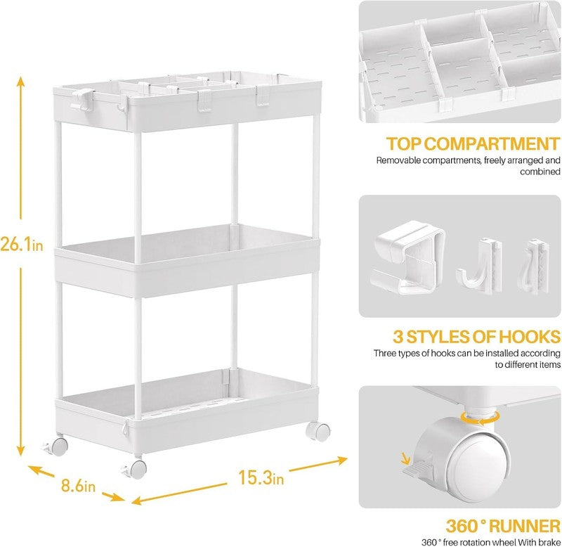 3-Tier Rolling Cart with Wheels, Storage Trolley Organizer with Baskets, White1
