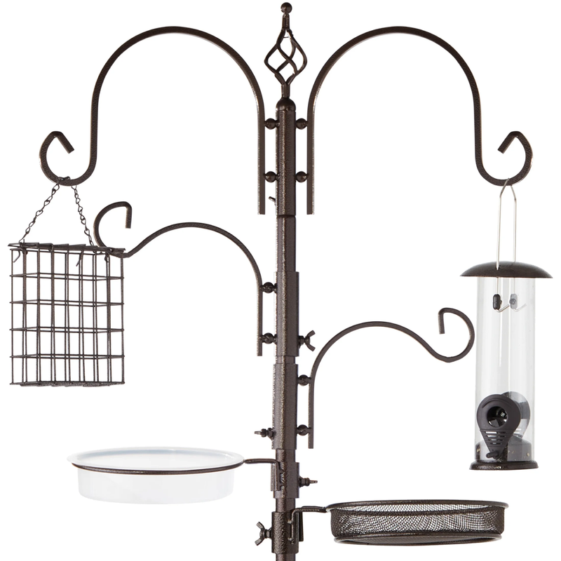 91" Brown Steel 4-Hook Bird Feeding Station w/ 2 Feeders, Tray & Bird Bath10