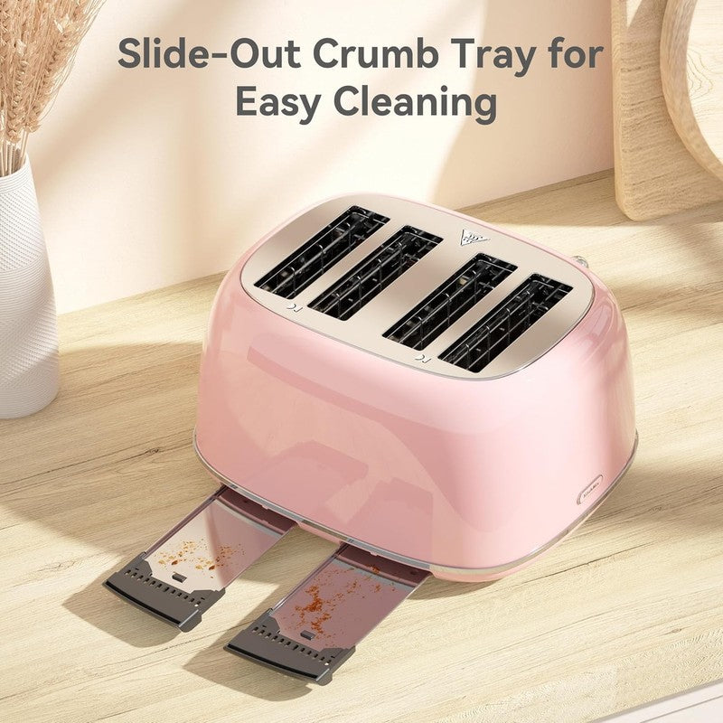 4-Slice Retro Toaster Pink 6 Shade Settings Cancel/Defrost/Reheat Wide Slots5