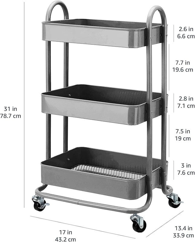 3-Tier Rolling Utility Cart with Lockable Wheels, Charcoal Storage Black4