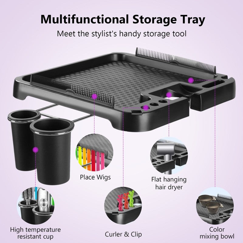 Salon Rolling Tray on Wheels, Hairstylist Tray with Storage Platform and Hair Se1