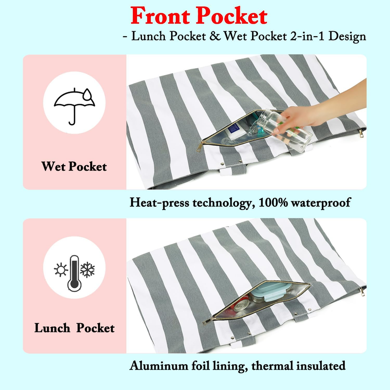 Beach Tote Bag Waterproof Large Canvas Wet Pocket Zipper Travel2