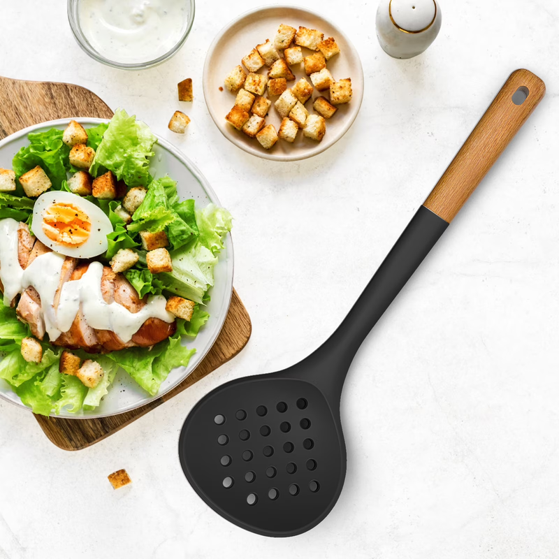 Large Silicone Kitchen Utensil Set Wooden Handle Heat Resistant Black10