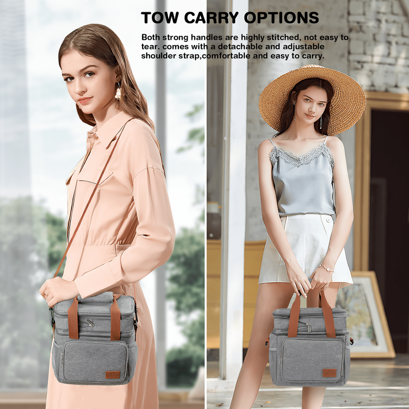 17L Insulated Lunch Bag Expandable Double Deck Cooler Tote Leakproof Work Gray3