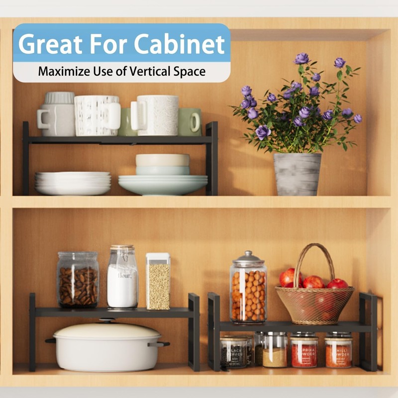 2 Pack Expandable Kitchen Cabinet Shelves Heavy Duty Stackable Adjustable Rack6