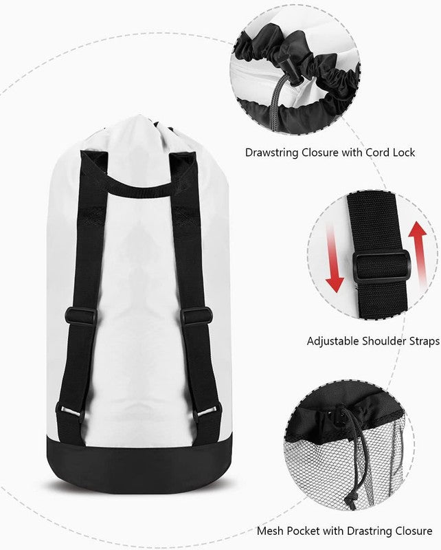 Backpack Laundry Bag with Straps & Pocket, Durable Nylon Clothes Stripe White2