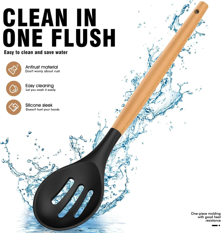 Silicone Kitchen Utensil Set Wooden Handle Holder Heat Resistant Black9