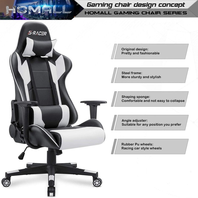 Ergonomic Gaming Chair with Headrest & Lumbar Support - White High Back Office C3