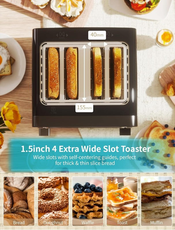 4 Slice Toaster LED Touchscreen - Dual Controls, Bagel, Defrost, 6 Shades4