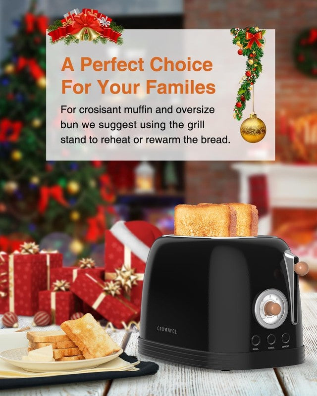 Retro 2-Slice Toaster Black - Wide Slots, Bagel, Cancel, Defrost, 6 Shade6