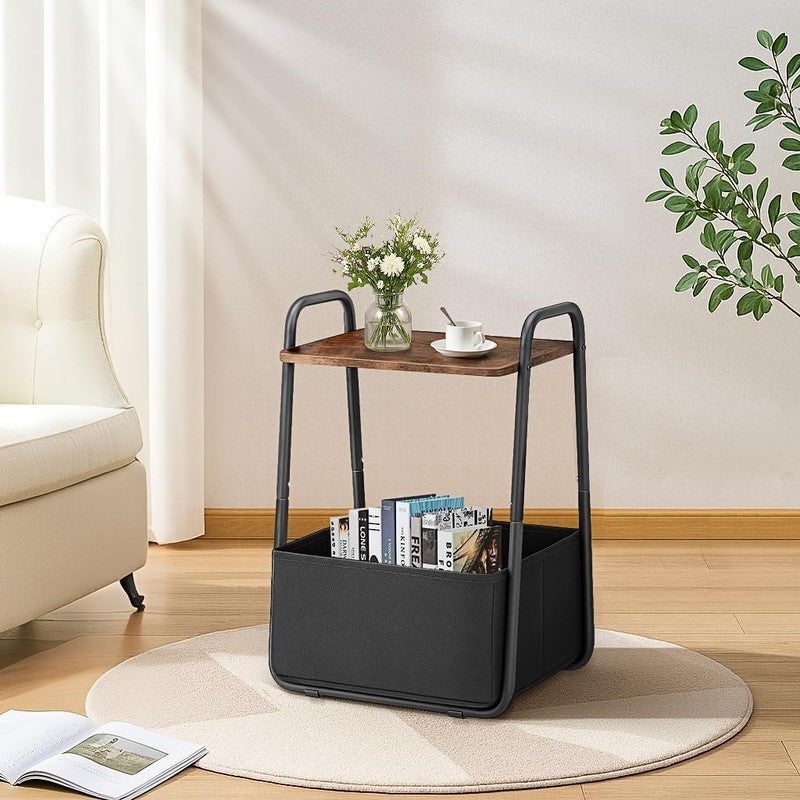 Rustic Brown Metal Nightstand Side Table with Fabric Basket Handle1