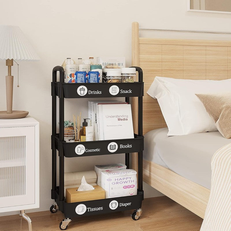 3-Tier Rolling Utility Cart with Labels, Handle & Wheels, Black Storage Rack7
