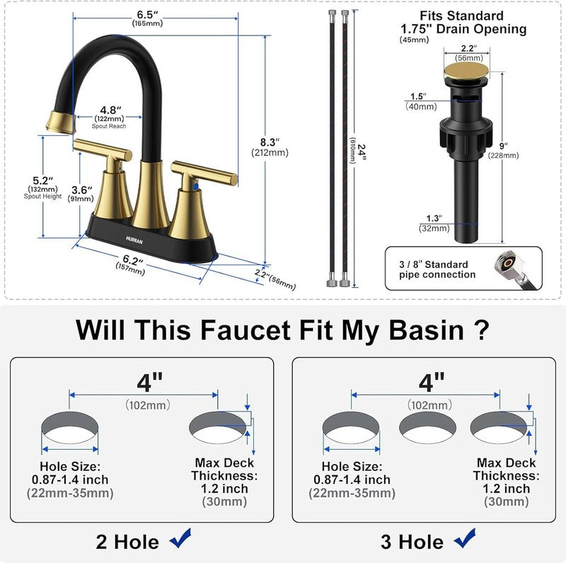 3 Hole Bathroom Faucet Black Gold Centerset Vanity RV w/ Drain Hoses5