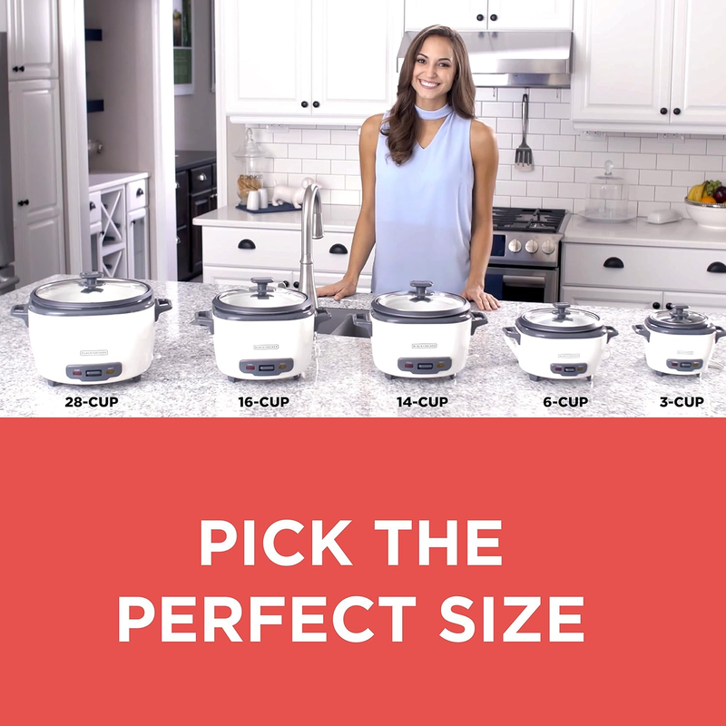 Rice Cooker 6-Cup (Cooked) with Steaming Basket, Removable Non-Stick Bowl, White6