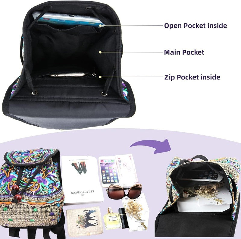 Women Embroidered Backpack Boho Floral Mini Travel Shoulder Bag Purple3