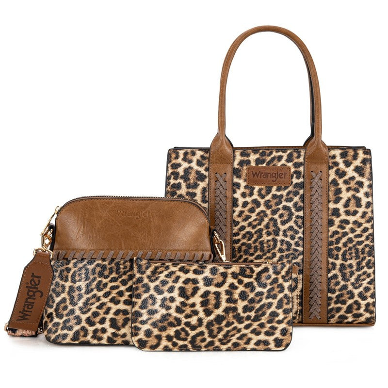 Wrangler 3Pc Handbag Set Tote Crossbody Purse Wallet Leopard Brown4