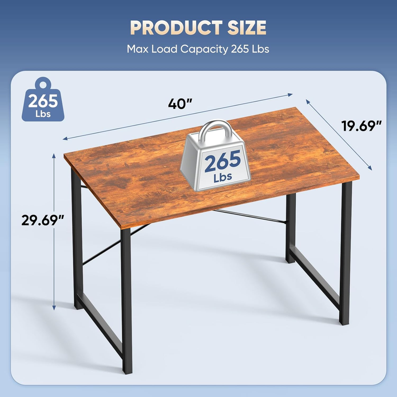 40in Computer Desk Small Writing Study Gaming Desk Modern Brown Metal Frame2