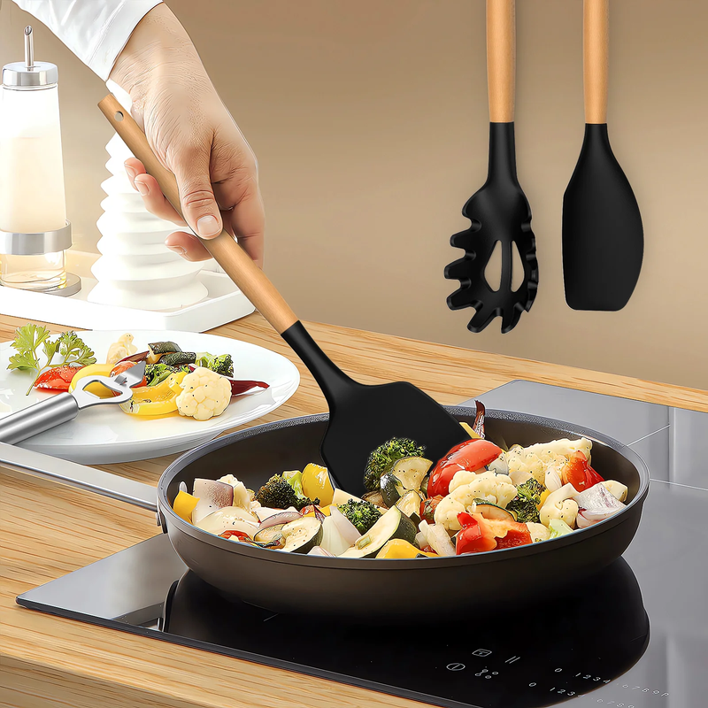 Silicone Kitchen Utensil Set Wooden Handle Holder Heat Resistant Black3