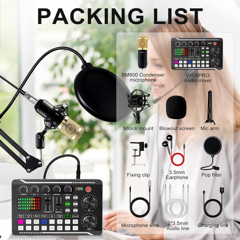 Podcast Equipment Bundle BM 800 Mic Gold & F998 Sound Card Recording Kit6