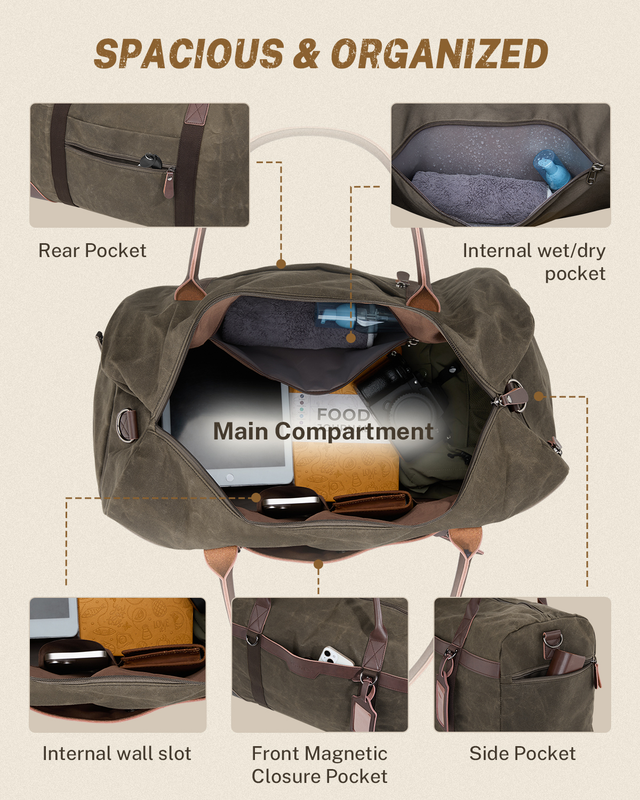 55L Waxed Canvas Duffle Bag Water Resistant Vintage Travel w/Shoe Comp6