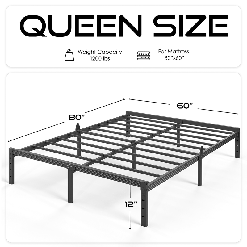 12” Queen Metal Platform Bed Frame Heavy Duty Mattress Foundation, No Box Spring3