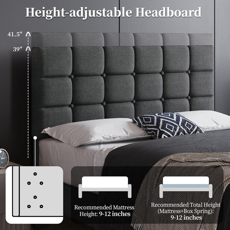 Upholstered Full Bed Frame Tufted Headboard Adjustable Wood Slats Dark Gray3